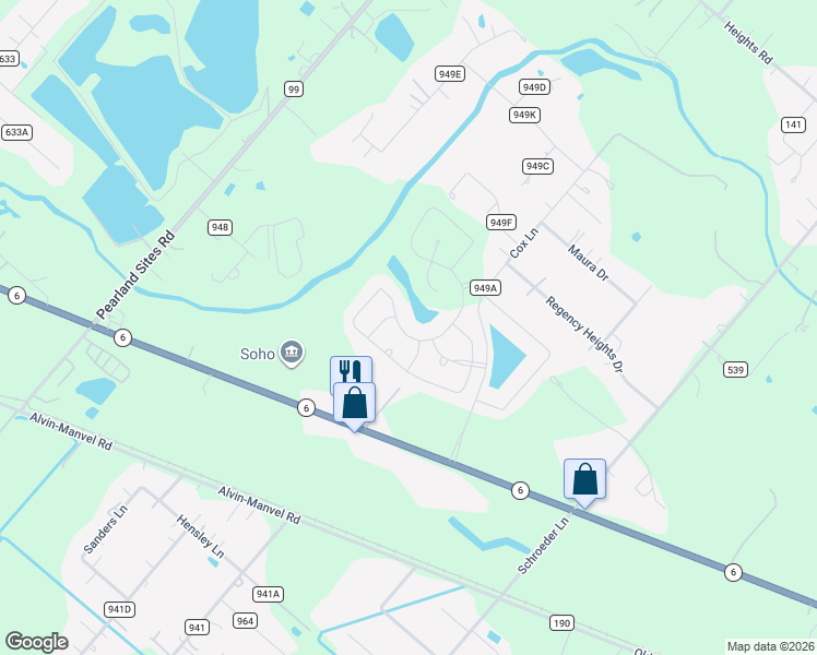 map of restaurants, bars, coffee shops, grocery stores, and more near 23209 Zinfandel Drive in Alvin