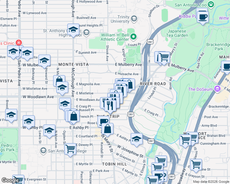 map of restaurants, bars, coffee shops, grocery stores, and more near 518 East Magnolia Avenue in San Antonio
