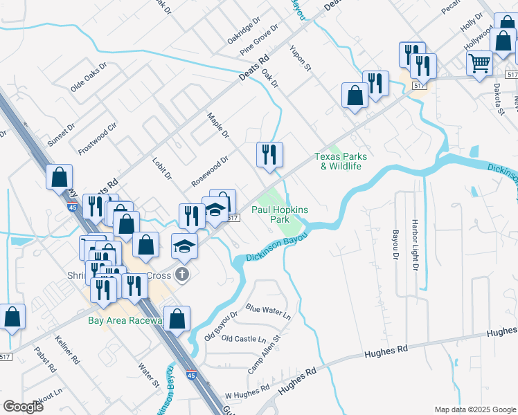 map of restaurants, bars, coffee shops, grocery stores, and more near 1100 Farm to Market Road 517 in Dickinson