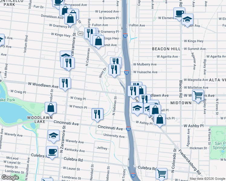 map of restaurants, bars, coffee shops, grocery stores, and more near 1400 West Mistletoe Avenue in San Antonio