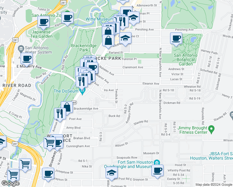 map of restaurants, bars, coffee shops, grocery stores, and more near 337 Ira Avenue in San Antonio