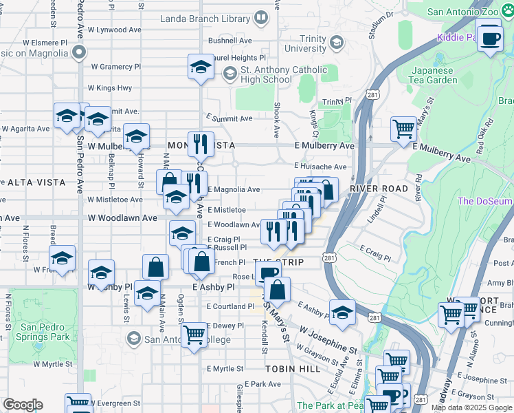 map of restaurants, bars, coffee shops, grocery stores, and more near 418 East Magnolia Avenue in San Antonio