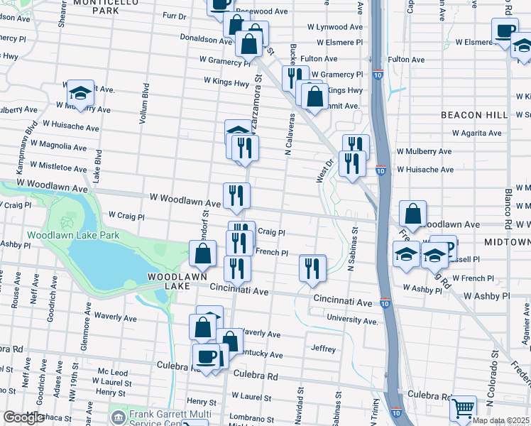 map of restaurants, bars, coffee shops, grocery stores, and more near 1633 West Woodlawn Avenue in San Antonio