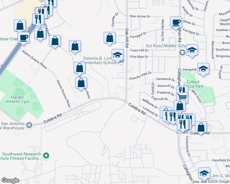 map of restaurants, bars, coffee shops, grocery stores, and more near 6251 Culebra Road in San Antonio