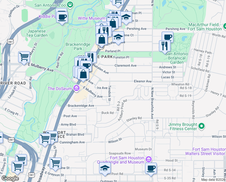 map of restaurants, bars, coffee shops, grocery stores, and more near 408 Ira Avenue in San Antonio