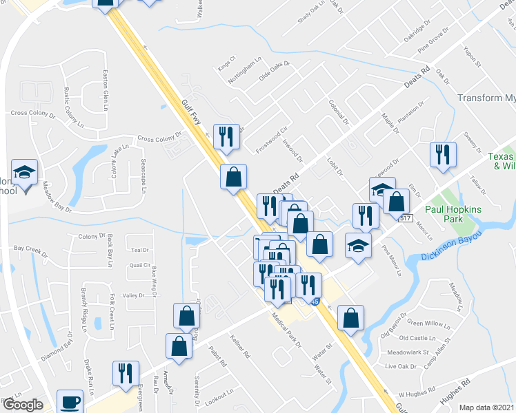 map of restaurants, bars, coffee shops, grocery stores, and more near 105 Deats Road in Dickinson
