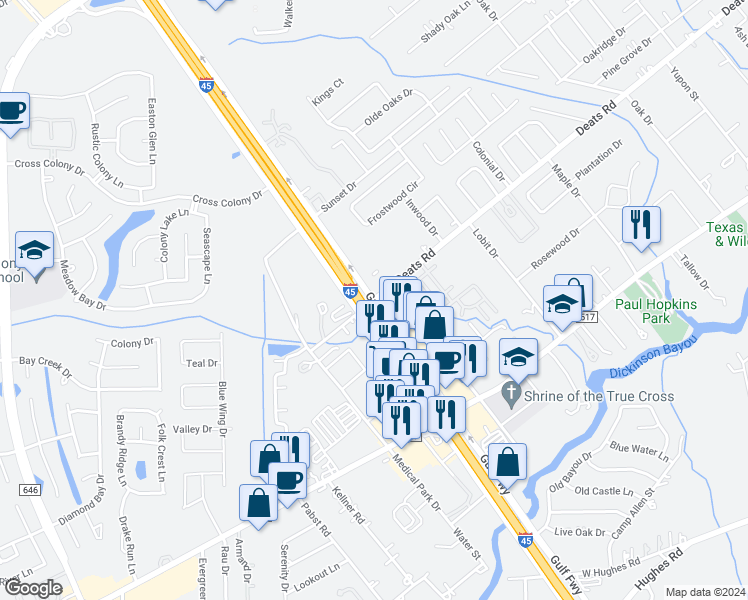 map of restaurants, bars, coffee shops, grocery stores, and more near 111 Deats Road in Dickinson