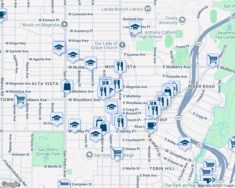 map of restaurants, bars, coffee shops, grocery stores, and more near 2600 McCullough Avenue in San Antonio