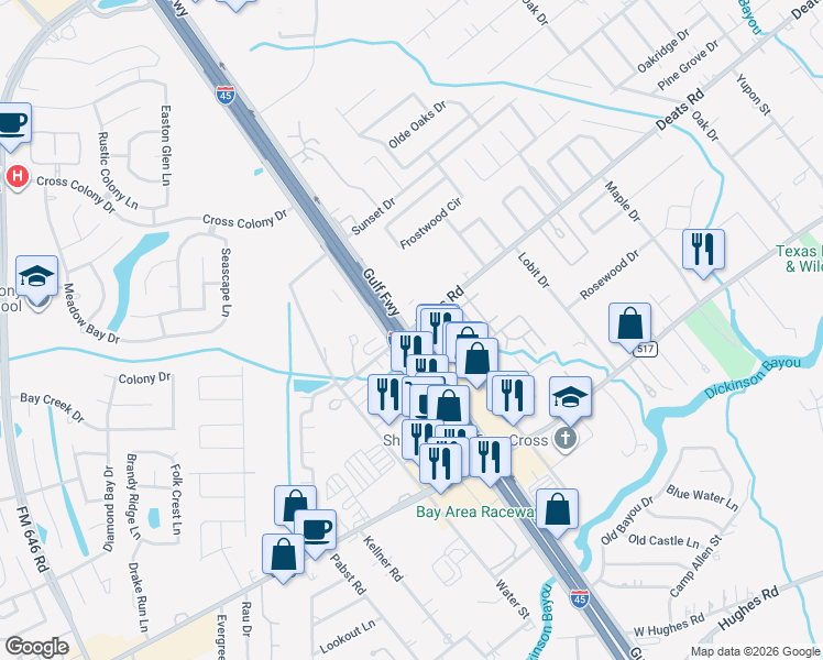 map of restaurants, bars, coffee shops, grocery stores, and more near 116 Deats Road in Dickinson
