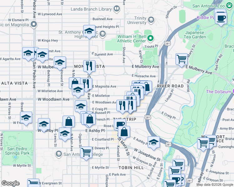 map of restaurants, bars, coffee shops, grocery stores, and more near 418 East Magnolia Avenue in San Antonio