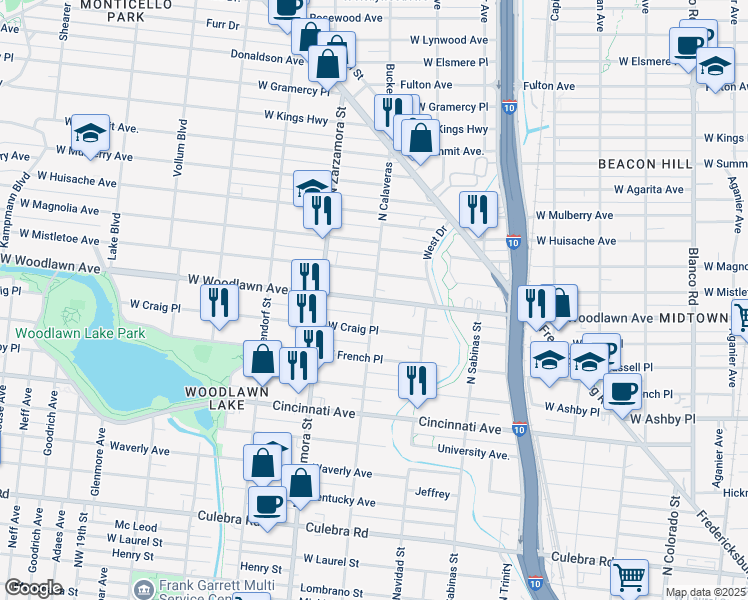 map of restaurants, bars, coffee shops, grocery stores, and more near W Woodlawn Ave & N Calaveras St in San Antonio