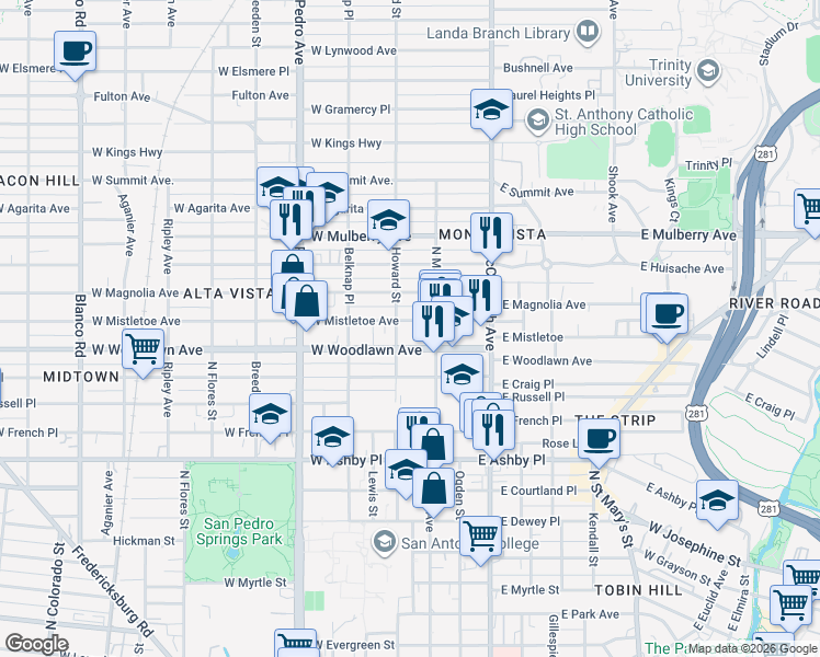 map of restaurants, bars, coffee shops, grocery stores, and more near 2611 North Main Avenue in San Antonio