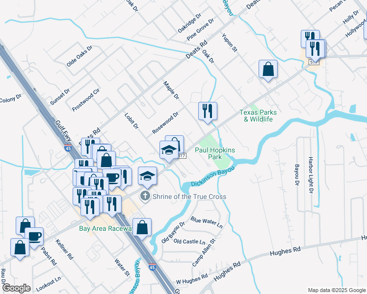 map of restaurants, bars, coffee shops, grocery stores, and more near in Dickinson