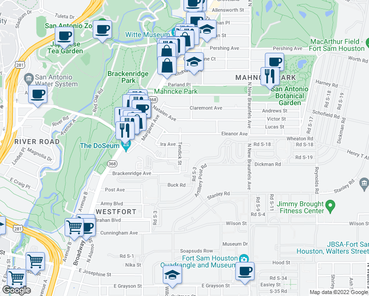 map of restaurants, bars, coffee shops, grocery stores, and more near 418 Ira Avenue in San Antonio