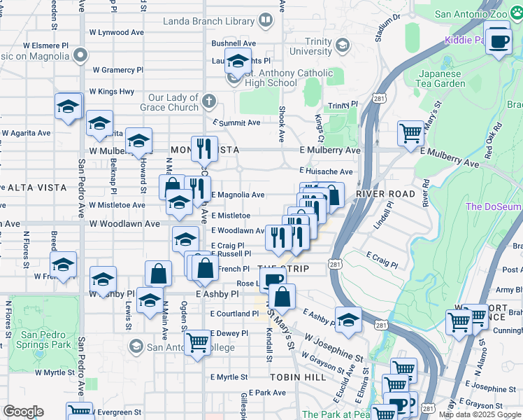 map of restaurants, bars, coffee shops, grocery stores, and more near 418 East Magnolia Avenue in San Antonio