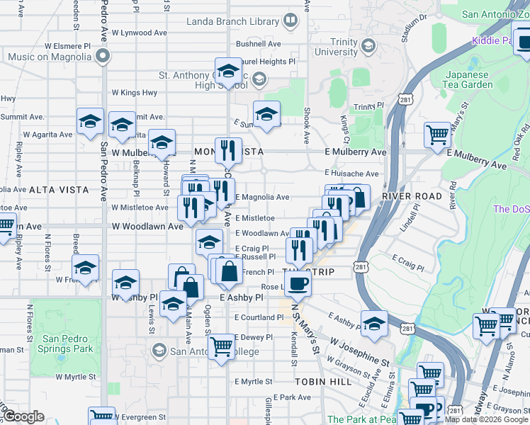 map of restaurants, bars, coffee shops, grocery stores, and more near 215 Carleton Court in San Antonio