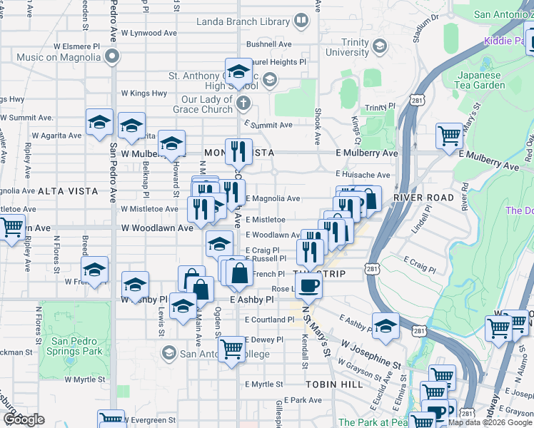 map of restaurants, bars, coffee shops, grocery stores, and more near 215 Carleton Court in San Antonio