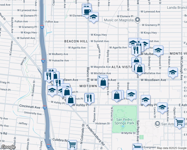 map of restaurants, bars, coffee shops, grocery stores, and more near 803 West Mistletoe Avenue in San Antonio