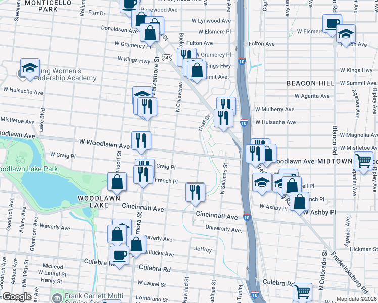 map of restaurants, bars, coffee shops, grocery stores, and more near 1518 West Mistletoe Avenue in San Antonio