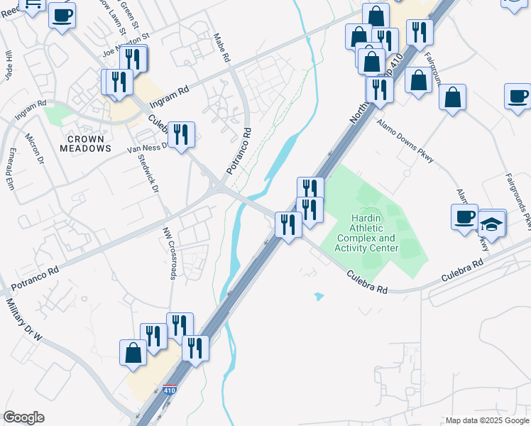 map of restaurants, bars, coffee shops, grocery stores, and more near 7139 Northwest Loop 410 in San Antonio