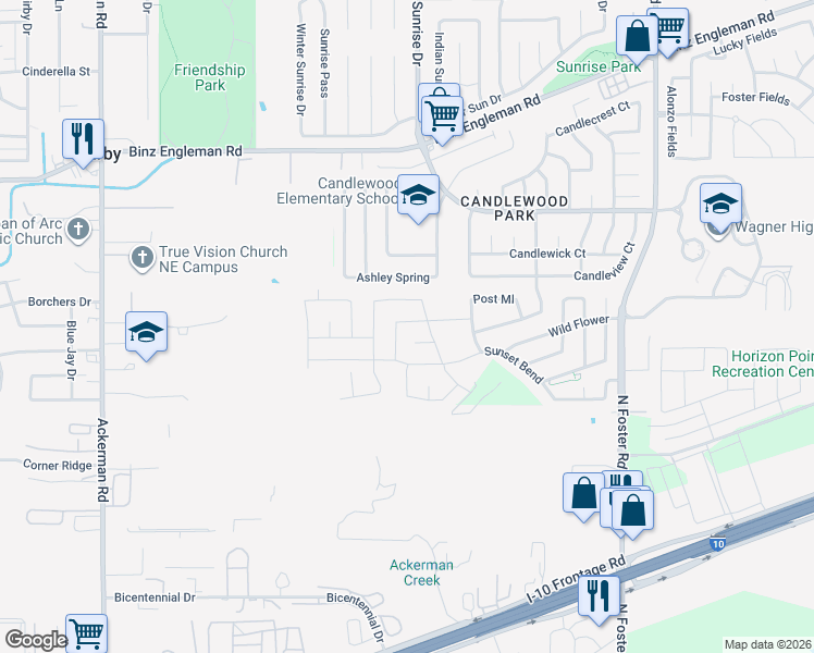 map of restaurants, bars, coffee shops, grocery stores, and more near 6135 Hackberry Pond in San Antonio