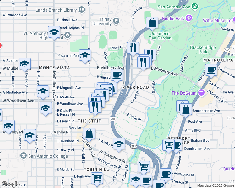 map of restaurants, bars, coffee shops, grocery stores, and more near 3233 North Saint Mary's Street in San Antonio
