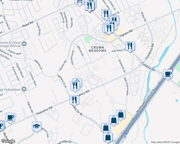 map of restaurants, bars, coffee shops, grocery stores, and more near Micron Dr & M G Rd in San Antonio