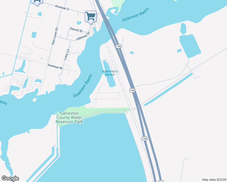 map of restaurants, bars, coffee shops, grocery stores, and more near 5110 Edgewater Street in Dickinson