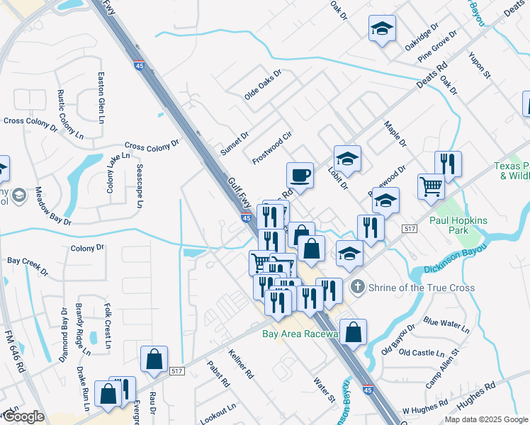 map of restaurants, bars, coffee shops, grocery stores, and more near 210 Deats Road in Dickinson