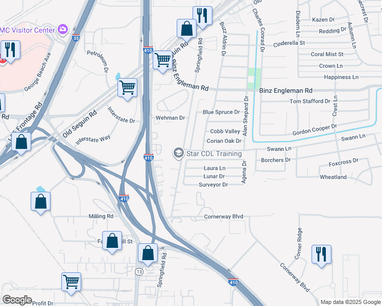 map of restaurants, bars, coffee shops, grocery stores, and more near 2502 Corian Glen Drive in San Antonio