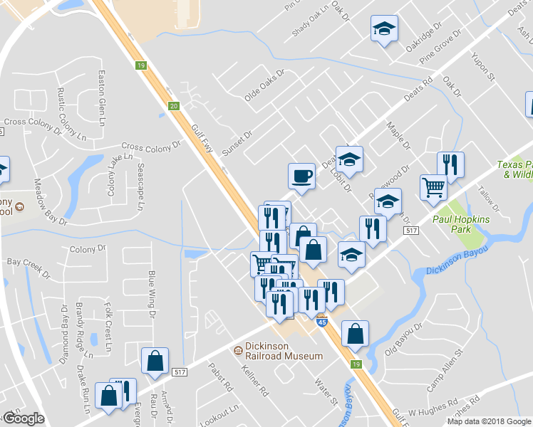 map of restaurants, bars, coffee shops, grocery stores, and more near 214 Deats Road in Dickinson