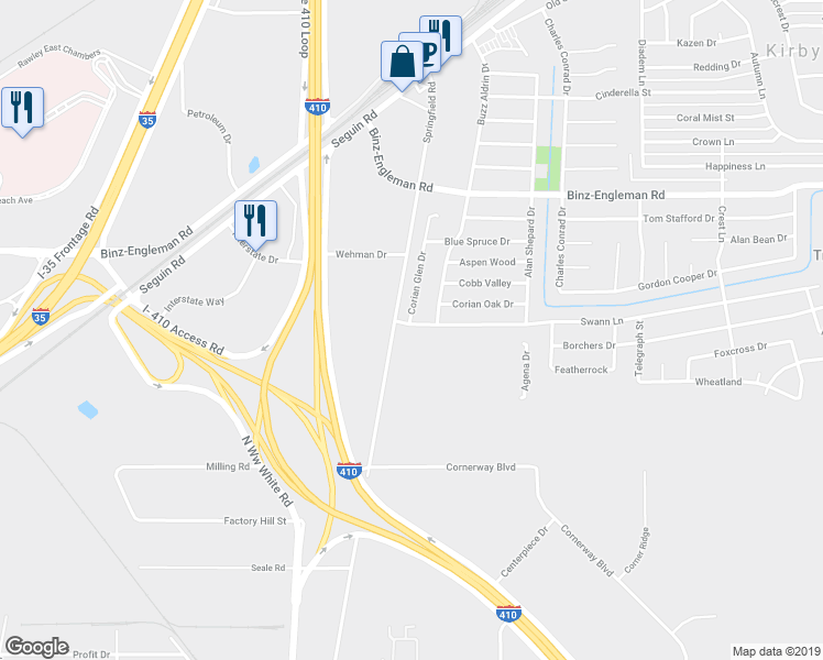 map of restaurants, bars, coffee shops, grocery stores, and more near 2502 Corian Glen Drive in San Antonio
