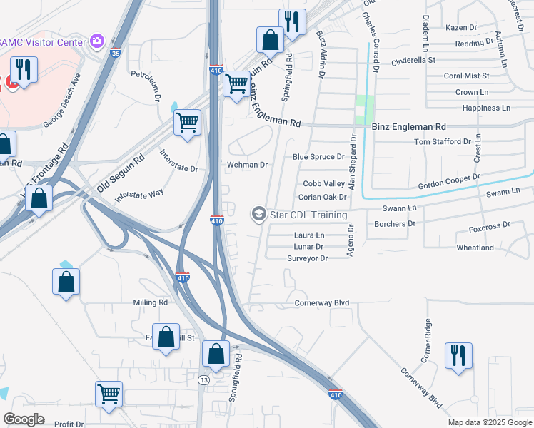 map of restaurants, bars, coffee shops, grocery stores, and more near 4602 Swann Lane in San Antonio