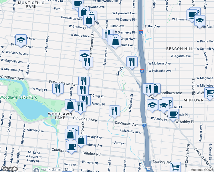 map of restaurants, bars, coffee shops, grocery stores, and more near in San Antonio