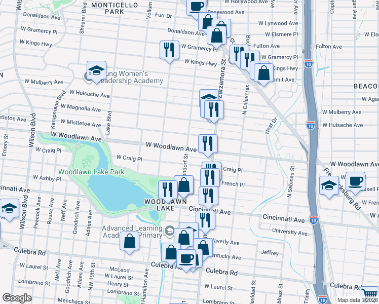 map of restaurants, bars, coffee shops, grocery stores, and more near in San Antonio