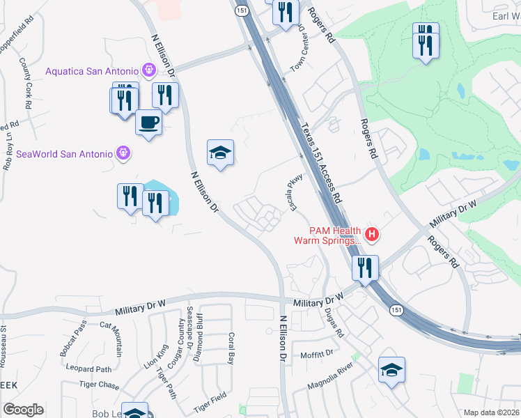 map of restaurants, bars, coffee shops, grocery stores, and more near 2015 Escala Parkway in San Antonio