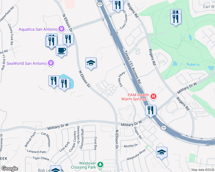 map of restaurants, bars, coffee shops, grocery stores, and more near 2015 Escala Parkway in San Antonio