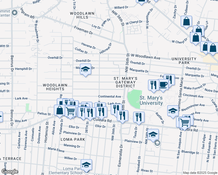map of restaurants, bars, coffee shops, grocery stores, and more near 143 Globe Avenue in San Antonio