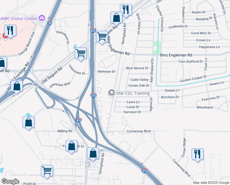 map of restaurants, bars, coffee shops, grocery stores, and more near 4602 Swann Lane in San Antonio
