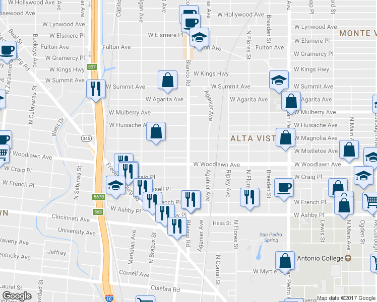 map of restaurants, bars, coffee shops, grocery stores, and more near Blanco Rd & W Mistletoe Ave in San Antonio
