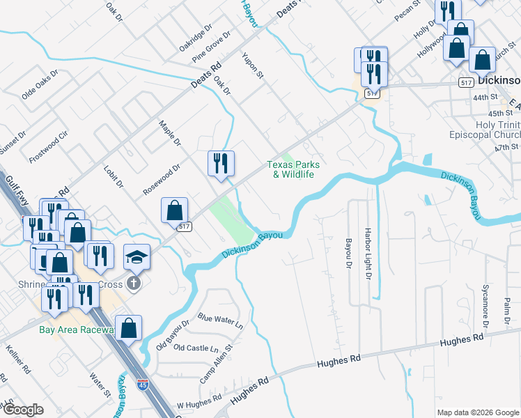 map of restaurants, bars, coffee shops, grocery stores, and more near 1100 Tallow Drive in Dickinson