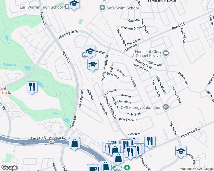 map of restaurants, bars, coffee shops, grocery stores, and more near 1622 Perryton in San Antonio