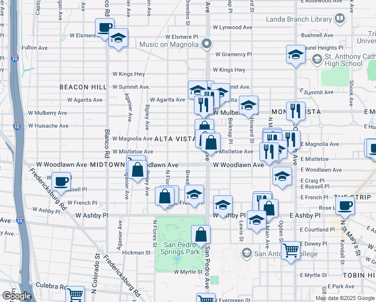 map of restaurants, bars, coffee shops, grocery stores, and more near 429 West Mistletoe Avenue in San Antonio