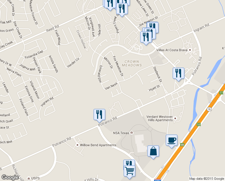 map of restaurants, bars, coffee shops, grocery stores, and more near 7931 M G Road in San Antonio