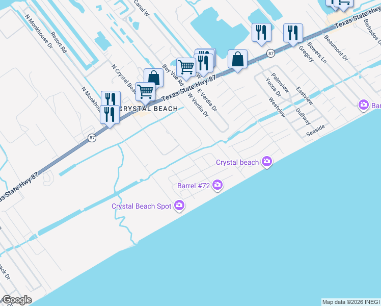 map of restaurants, bars, coffee shops, grocery stores, and more near 898 South Crystal Beach Road in Bolivar Peninsula