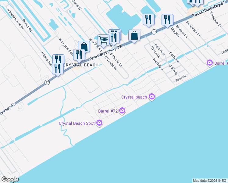 map of restaurants, bars, coffee shops, grocery stores, and more near 1841 Catfish Lane in Bolivar Peninsula