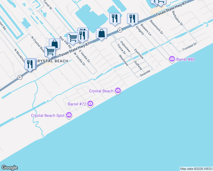 map of restaurants, bars, coffee shops, grocery stores, and more near 1947 Avenue H in Bolivar Peninsula