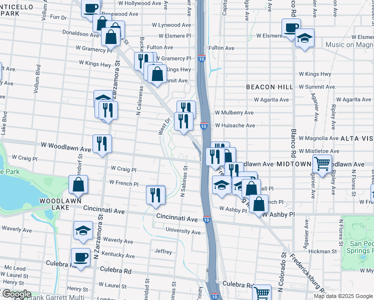 map of restaurants, bars, coffee shops, grocery stores, and more near 1400 West Mistletoe Avenue in San Antonio
