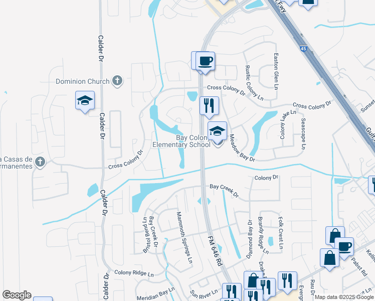 map of restaurants, bars, coffee shops, grocery stores, and more near 136 Bending Brook Ln in Dickinson
