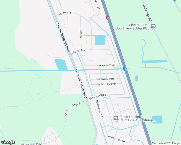 map of restaurants, bars, coffee shops, grocery stores, and more near 319 Underwood Trail in Palm Coast